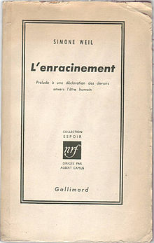 Cover of a Gallimard edition of Simone Weil's The Need for Roots (L'enracinement).
