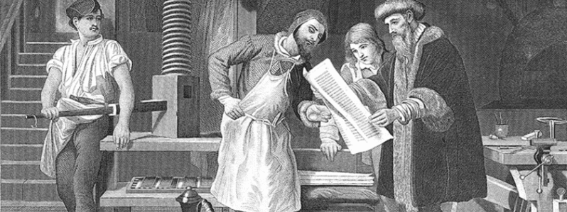 Artist visualization of Johannes Gutenberg in his workshop, showing his first proof sheet.